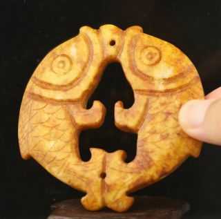 Chinese old natural jade hand - carved statue double fish pendant 3.  1 inch 2