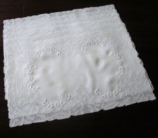 6 Fine Vtg Linen Mosaic Whitework Embroidered Placemats W/ Filet Lace Inserts