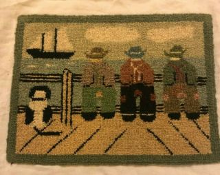 Small Tabletop Decorative Vintage Antique Needlepoint Rug With Boat And Sailors