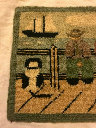Small tabletop decorative vintage antique needlepoint rug with boat and sailors 2