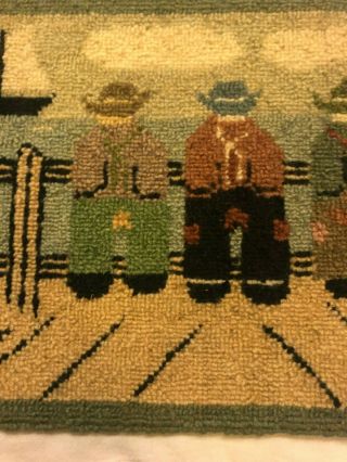 Small tabletop decorative vintage antique needlepoint rug with boat and sailors 3