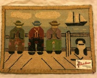 Small tabletop decorative vintage antique needlepoint rug with boat and sailors 5