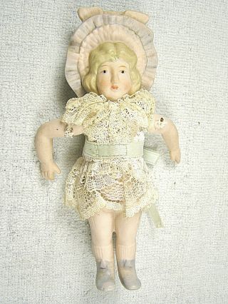 Vintage 5 - 1/2 " All Bisque French Bonnet Doll - Jointed Arms