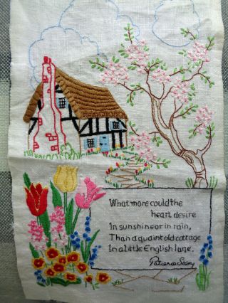 Hand Embroidered Picture Panel Very Pretty Cottage Flowers Verse