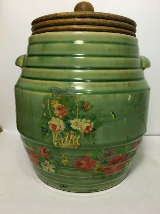 Antique Yelloware Stoneware Pottery Green Barrel Cookie Jar Canister Crock
