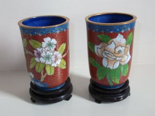 Vintage Chinese Cloisonne Enamel 3 " Brush Pots / Vases On Wooden Stands