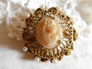 Vintage Florenza Cameo Brooch Pin Antique Gold W/ Seed Pearls 1 1/2 "
