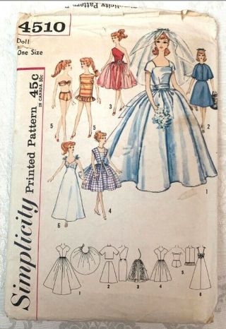 Vintage Simplicity 4510 Doll Clothes Pattern Barbie Teen Fashion Model1960s