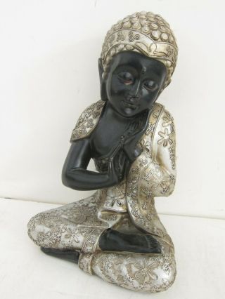 Vintage Black & Silver Thai Meditating Buddha In Lotus Cold Cast Resin Statue 8 "