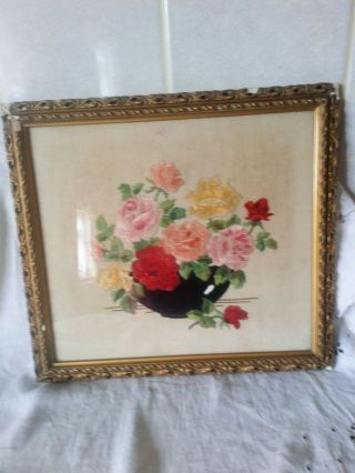Lovely Vintage Silk Work Embroidered Picture In Old Frame
