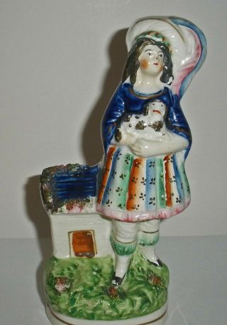 Antique Staffordshire Girl Holding Dog Figurine - Colors