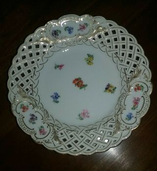 Antique Meissen Hand - Painted & Reticulated Floral Gilded Gold Plate -