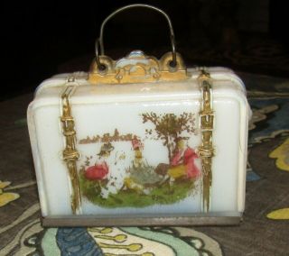 Antique Souvenir 1890s Opal Milk Glass Candy Container Suitcase