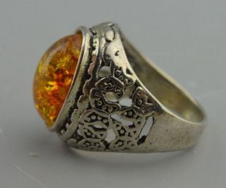 Collectable Decorative Old Miao Silver Carve Flower Inlay Amber Noble Use Ring