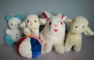 5 Vintage Plush Stuffed Animal Toys Eden,  Ouglas,  Gunderful 2 Lambs,  Bunny,  Ball