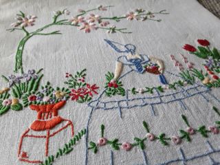 Vintage Hand Embroidered Linen Crinoline Lady Floral Picture Art Deco Embroidery