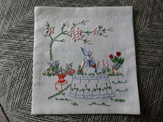 Vintage hand embroidered linen crinoline lady floral picture art deco embroidery 2