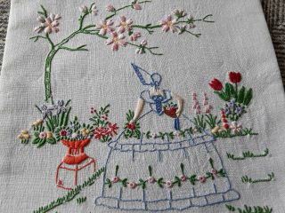 Vintage hand embroidered linen crinoline lady floral picture art deco embroidery 3