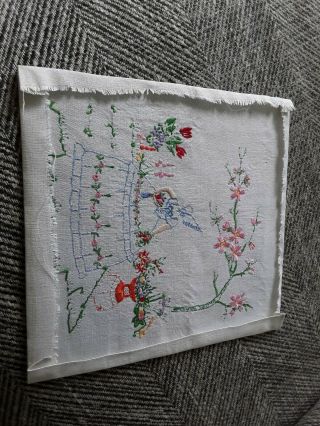 Vintage hand embroidered linen crinoline lady floral picture art deco embroidery 4