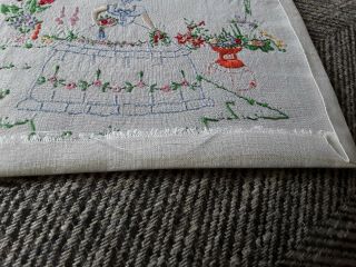 Vintage hand embroidered linen crinoline lady floral picture art deco embroidery 5