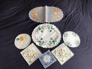 7 Gorgeous Vintage Floral Hand Embroidered Linen & Cotton Doilies / Table Mats
