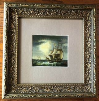 Vintage Small Oil On Board Maritime Painting Clipper Ship Signed Jw 8.  5” X 8.  5”