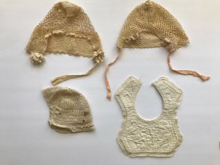 3 Antique Lace Baby’s Crochet Lace Bonnet Hat Cap & Bib