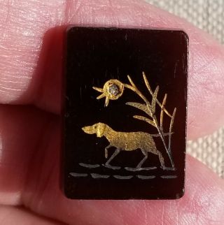 Antique Carved Engraved Black Stone Gold Inlay Hunting Dog Reeds 20 Mm X 14.  5 Mm