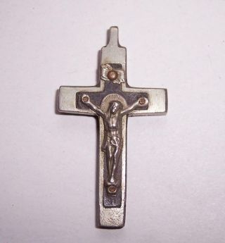 Antique/vintage Wwi Ebony Wood & Nickel Brass Crucifix/cross Pendant