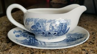 Antique 1966 - 68 Enoch Wedgewood " Countryside Blue " 2 Pc.  Gravy Boat W/plate.