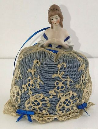 Antique Hand Painted Porcelain Half Doll Pin Cushion Pompadour Lady With Crown