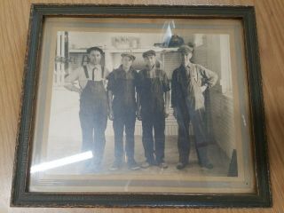 Framed Early Antique Photo 4 Workers Men 12 " X10.  5 " Overalls Cap