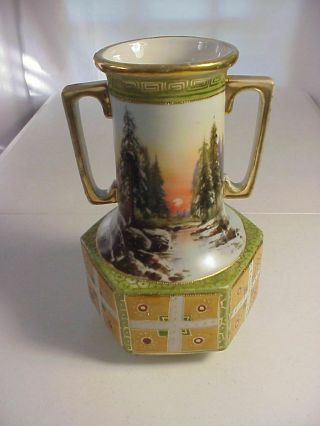 Antique Hand Painted Nippon 9 1/2 " Vase With Forest Stream Sunset & Gold Moriage