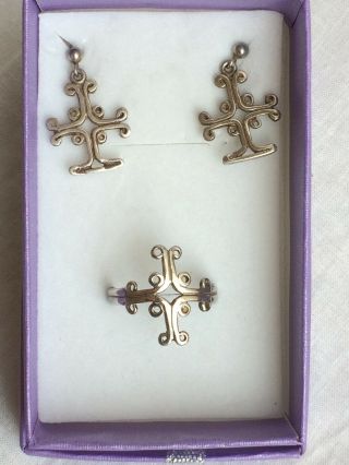 Very Old Vintage Antique Silver Maltese Cross Earrings,  Ring Set Boxed