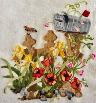 Vintage Hand Embroidered Wool Work On Linen Cottage Garden & Birds U.  S Mail
