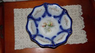 Antique Flow Blue Large Serving Bowl Floral Berry Design