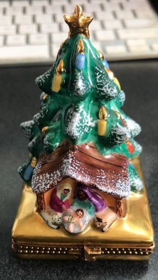 Limoges Trinket Box Christmas Tree With Manger Rare 3 1/2 X 2 1/4