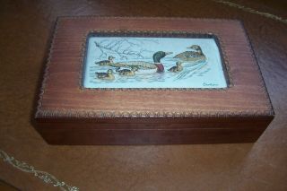 Vintage Wooden Box With Cash’s Silk Picture On Lid,  Mallard Family