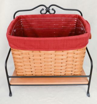Longaberger 2004 Newspaper Basket W/plastic/fabric Liner & Wrought Iron Stand