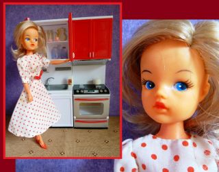 Vintage Fashion Doll,  A Sindy Clone Doll In Polka Dot Dress,  Kitchen Furniture