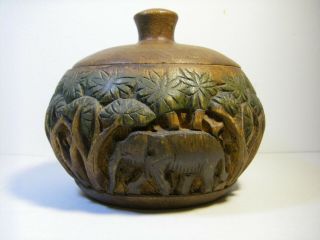 Vintage Wooden Hand Carved Bowl With Lid Carved Elephants In Jungle Boho