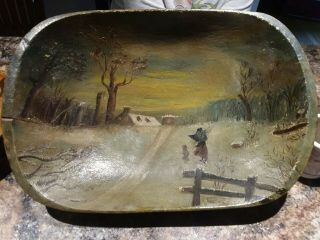 Vintage Hand Carved Wood Trencher Dough Bowl Hand Painted Landscape Scene