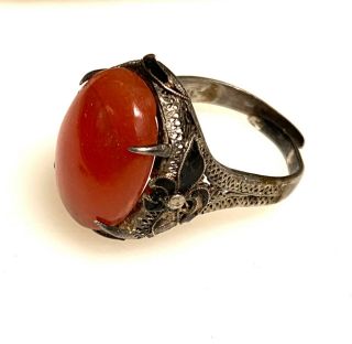 Antique Vintage Chinese Cabochon Carnelian W Silver Filigree Ring Enamel As - Is