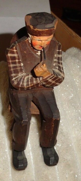 Vintage Miniature Folk Art Carved Wood Man In Chair W/ Smoking Pipe Mini Figure