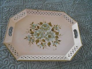 Vintage Nashco Floral Tole Tray Hand Painted Signed Pink W/white Gold Flowers