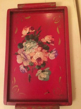 Vintage Hand Painted Shabby Red With Flowers Tole Paint Wood Handle Tray