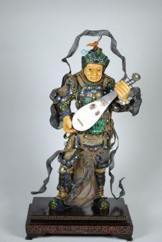 Antique Chinese Enameled Silver Filigree Standing Warrior Holding Lute,  Malachite