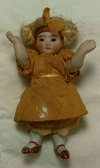 Antique Tiny 3 " Porcelain Dollhouse Doll Blonde Wig Glass Eyes Painted Shoes