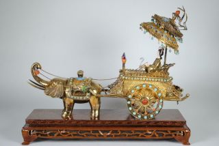 Chinese Enameled Silver Filigree Figural Group - Elephant,  Lady & Carriage,  Gilt