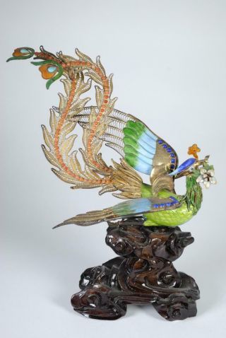 Chinese Enameled Silver Filigree Phoenix On Wood Stand
